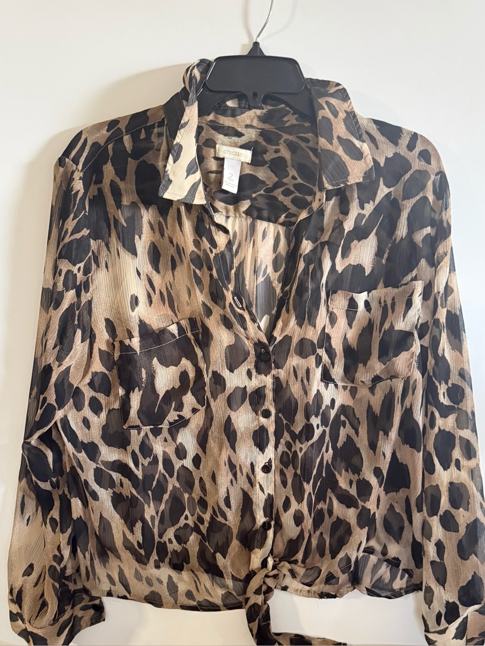 Chico's Leopard Print Tie-Front Sheer Button Shirt - Beige/Black